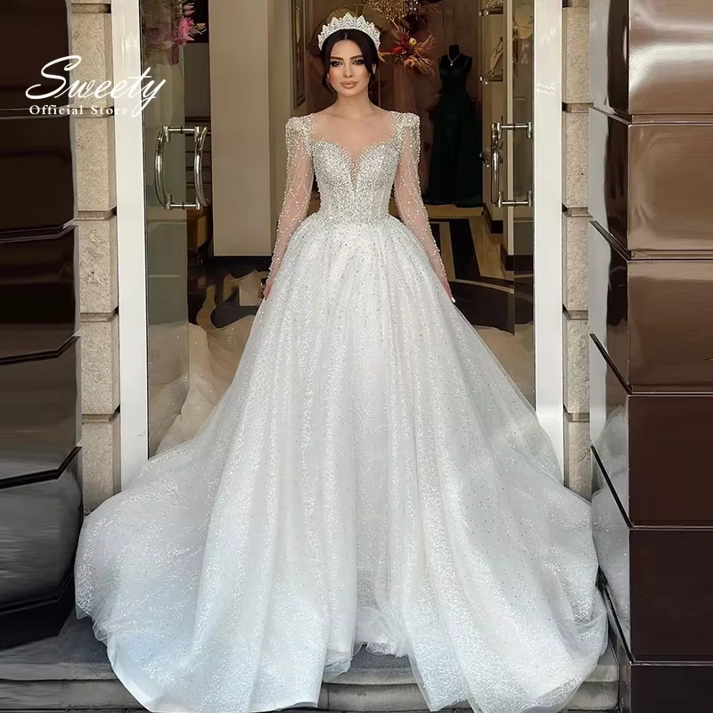 Robe de Mariée Chic et Brillante Entièrement Perlée, Tenue de Bal de Princesse, Col Rond, Manches su