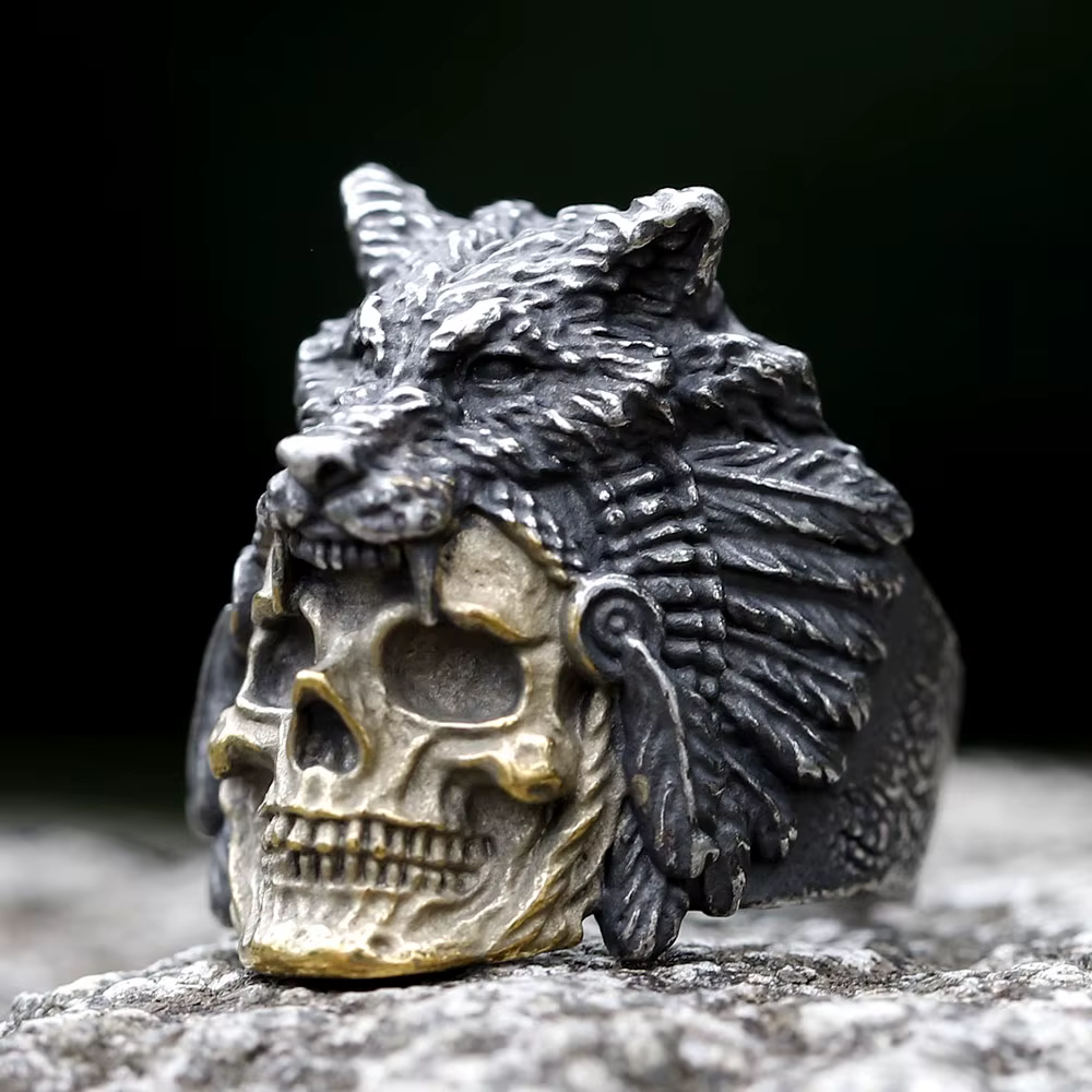 Nouveau nouveau Design vintage en acier inoxydable crâne et tête de loup anneau pour hommes concepti