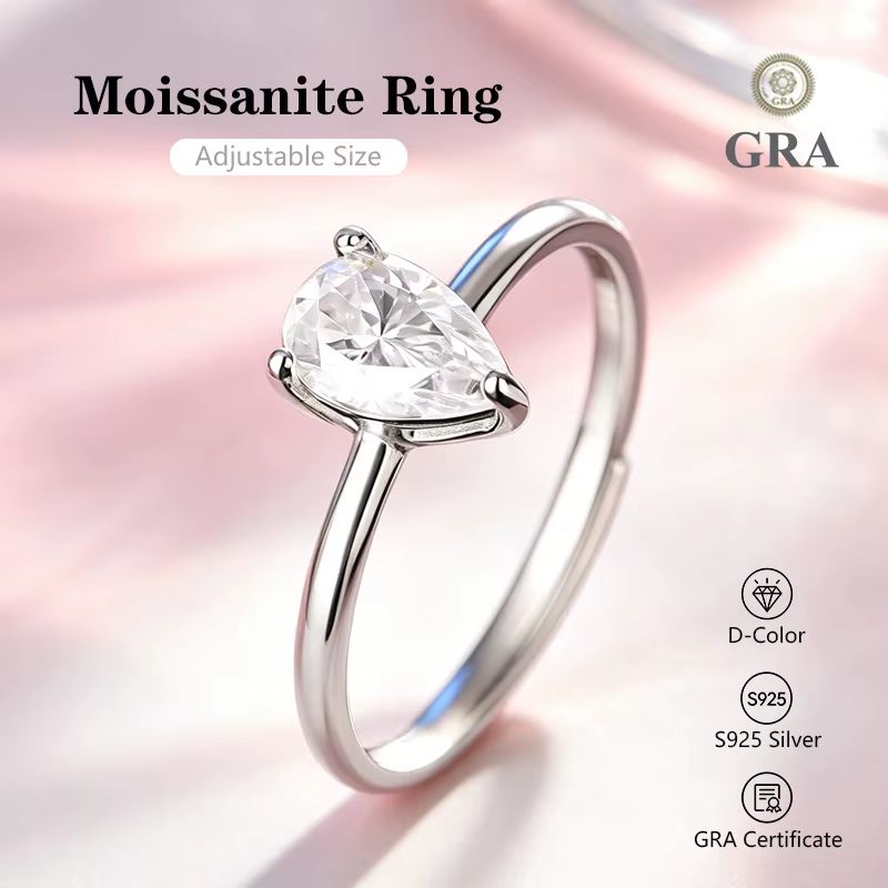 Bague en moissanite taille poire 0,5 à 2,0 carats, couleur D, en argent sterling S925, testée au dia