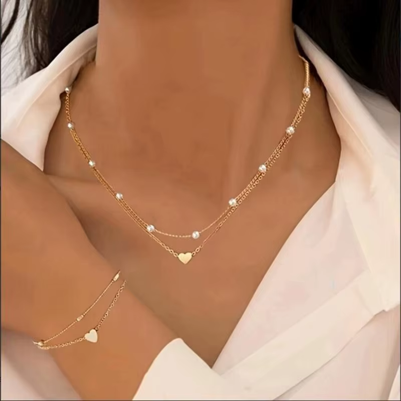 Ensemble de bijoux en forme de cœur pour femmes, Imitation de perles, couleur or argent, perles rond