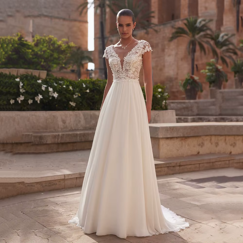 Robes de mariée en dentelle coupe A 2026 pour femmes, style bohème, avec manches courtes, col en V, 