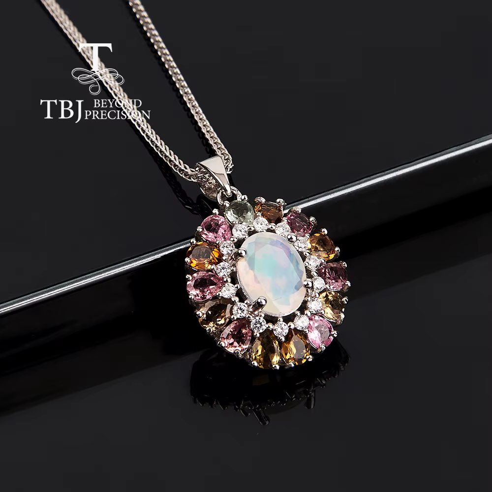 Collier pendentif en opale naturelle multicolore et tourmaline pour femme, en argent S925, bijoux fi