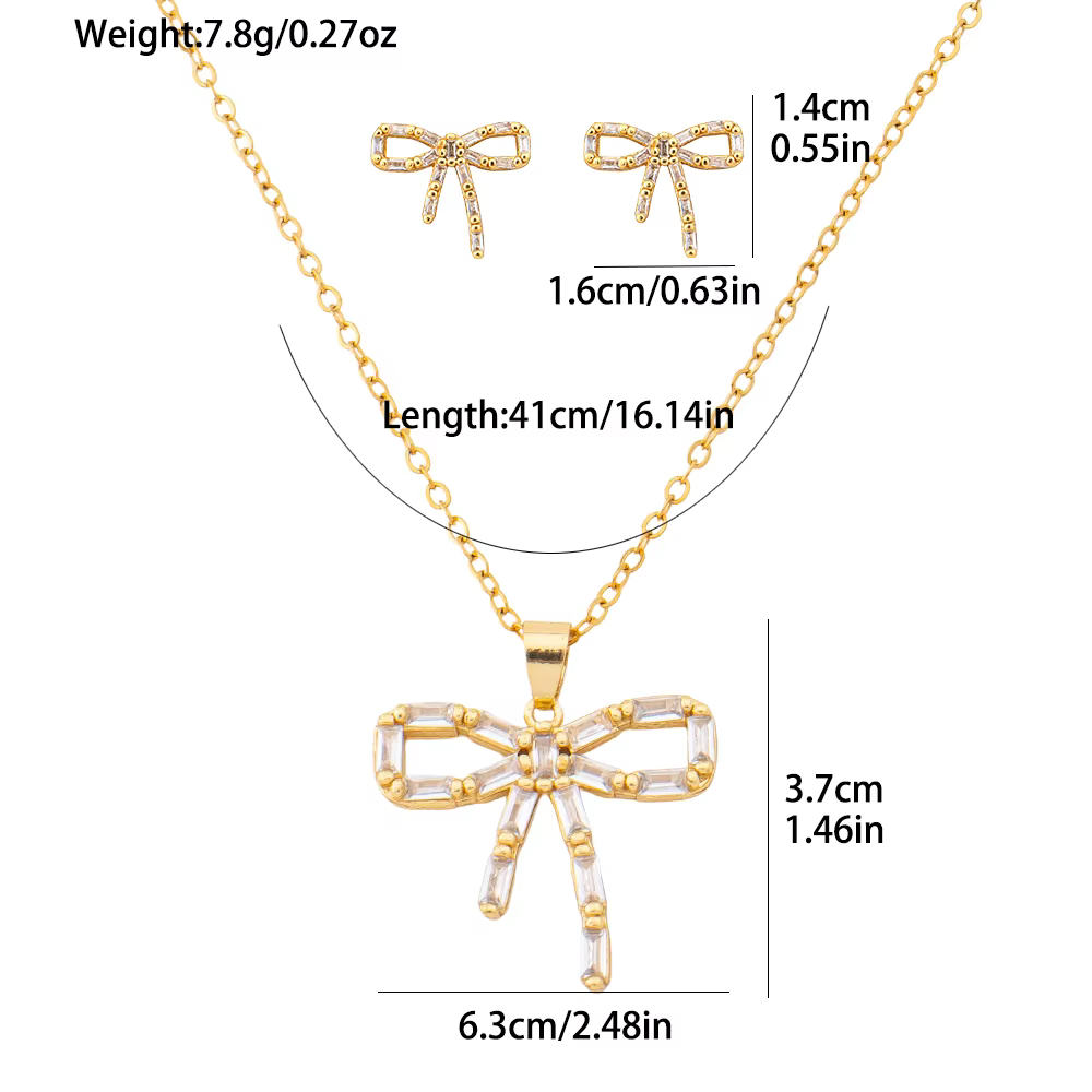 Parure de bijoux en zircon avec nœud doré pour femme, boucles d'oreilles clous et collier pendentif 