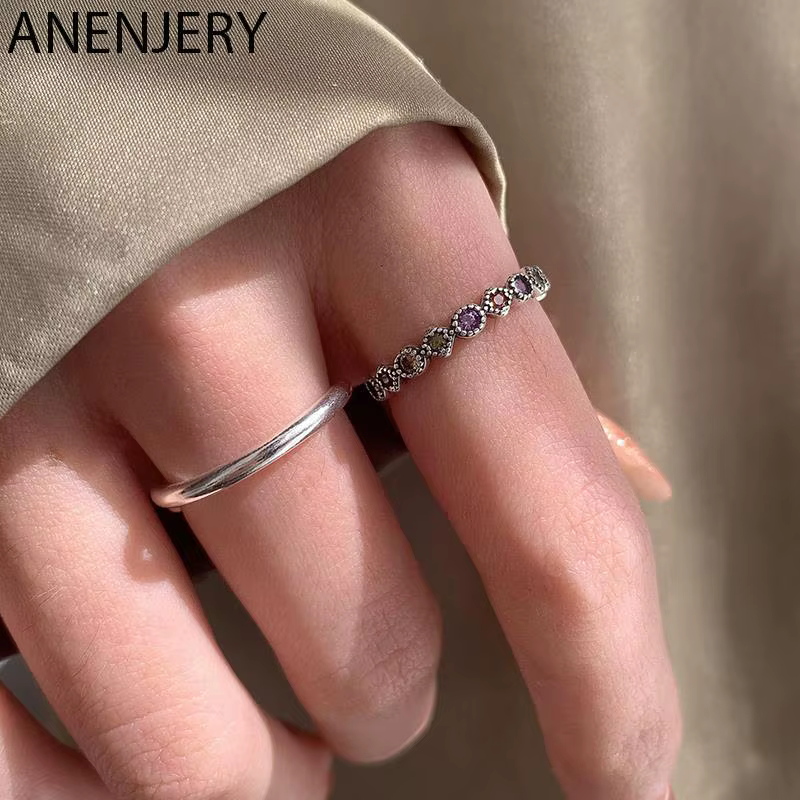 ANENJERY – bague fine en Zircon coloré de couleur argent pour femme, anneau de luxe léger et Vintage