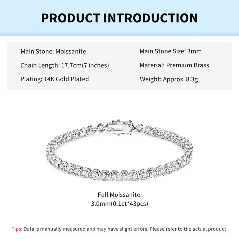 Bracelet Tennis Rrjzz Éclatant en Moissanite D-Color de 3 mm, Sertissage à la Breloque, pour Femme, 
