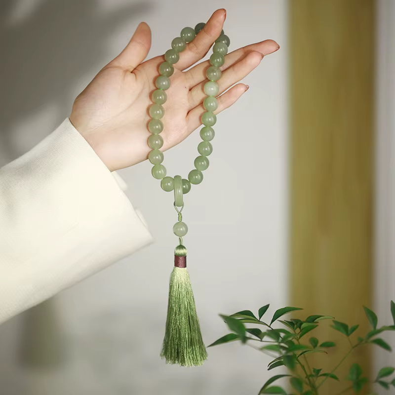 Nouveau Bracelet et Collier en Perles de Jade Vert 12mm avec Pompon, Mala Bouddhiste Tibétain, Charm