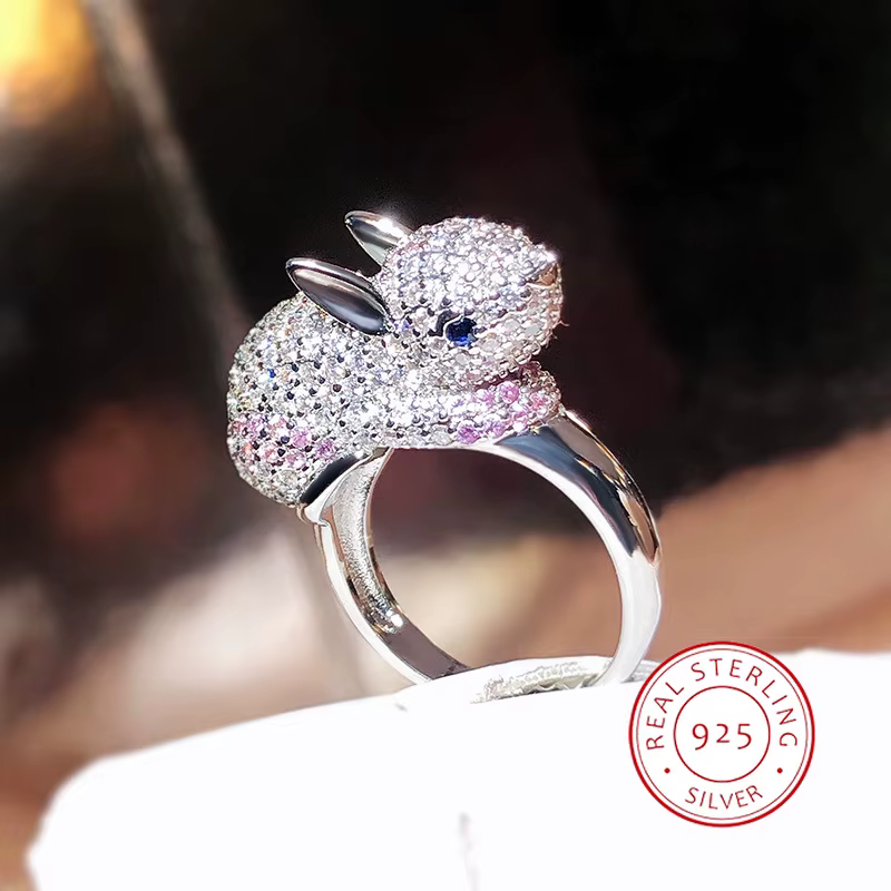 Bague plaquée argent 2024 Zircon 925 pour femmes, bijoux animaux créatifs en forme de lapin, bijoux 