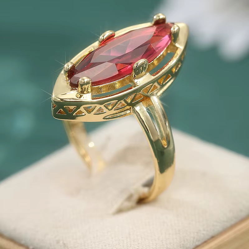 Bague géométrique rouge en zircone synthétique plaqué or vintage classique pour femme, élégante, mod