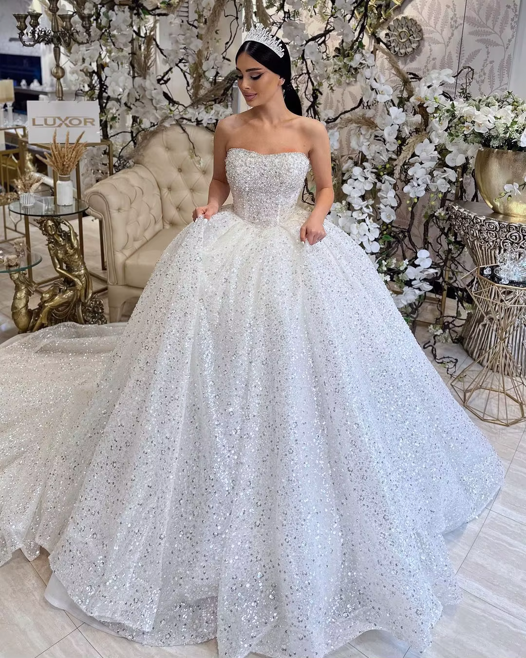 LORIE-Robe de Mariée en Dentelle Pailletée, Tenue de Princesse Sans Bretelles, avec Perles et Dos au