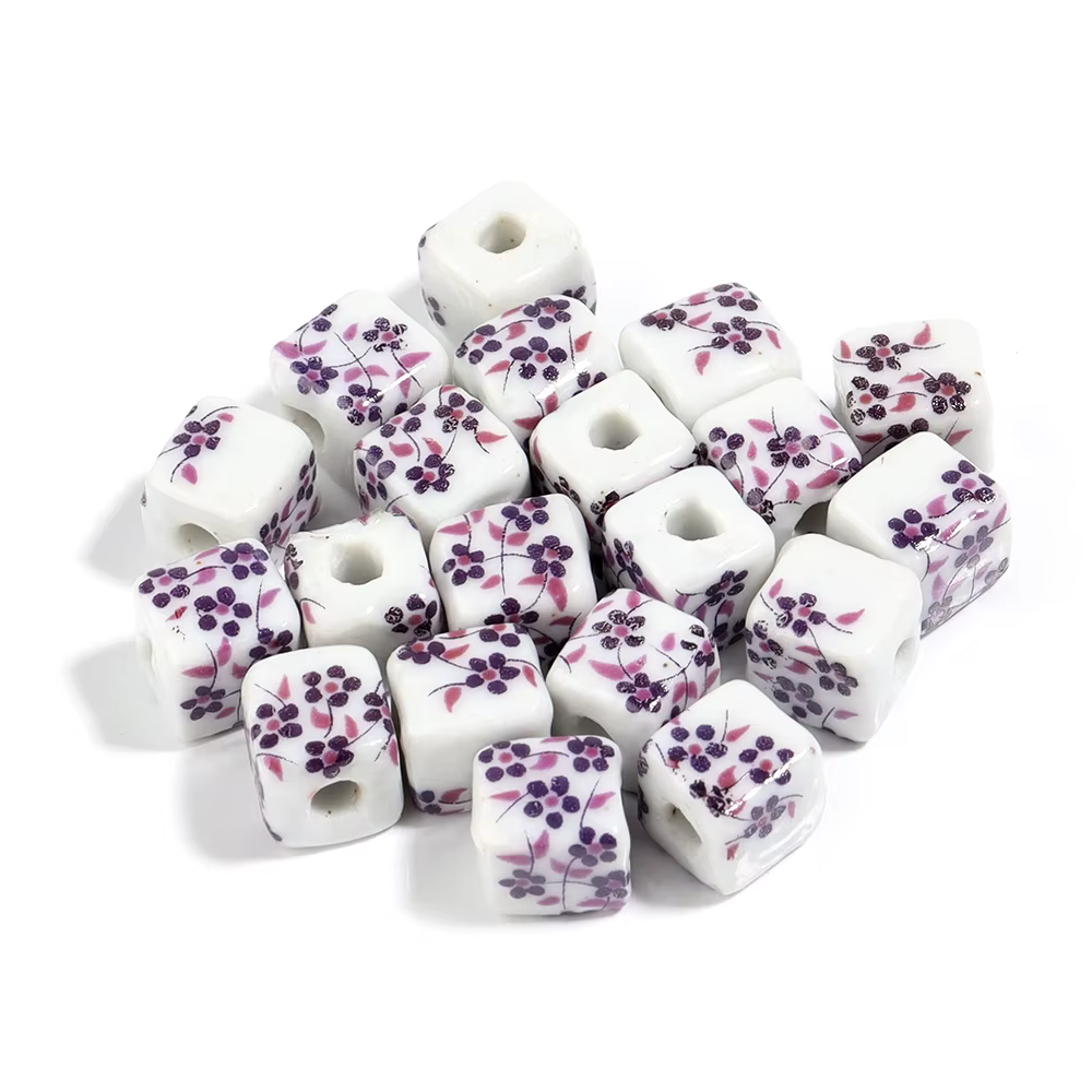 JINGDEZHEN-Perles carrées en céramique, 20 pièces/lot, motifs de fleurs, cube en porcelaine, pour bi