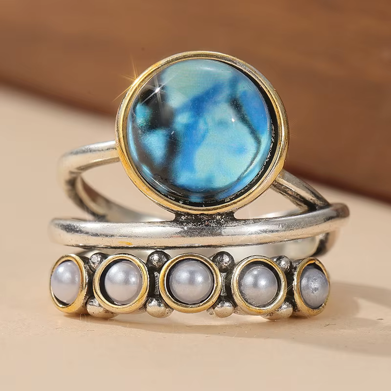 Bague rétro pour femme avec incrustation de perles imitant un design multicouche - Parfaite pour un 