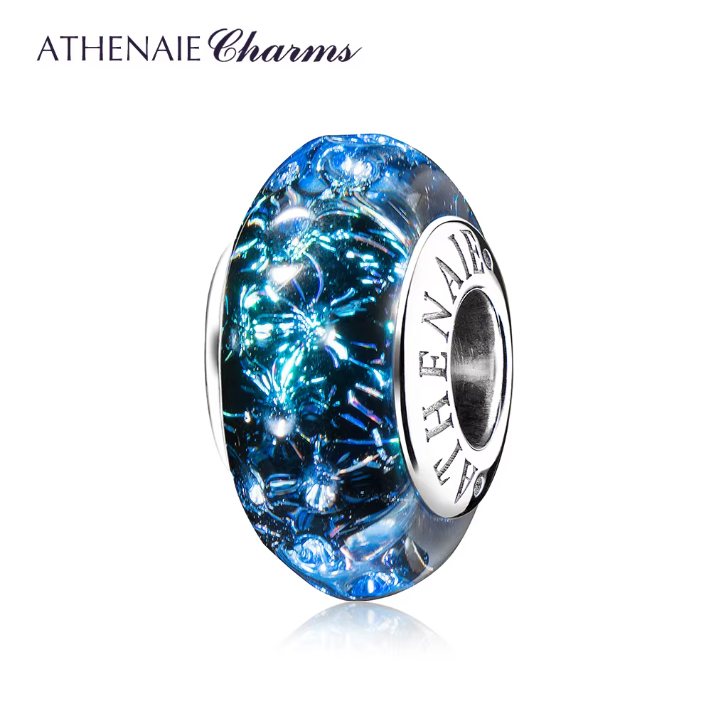 ATHENAIE bleu ciel étoilé 925 noyau en argent Sterling authentique italien perles de verre de Murano