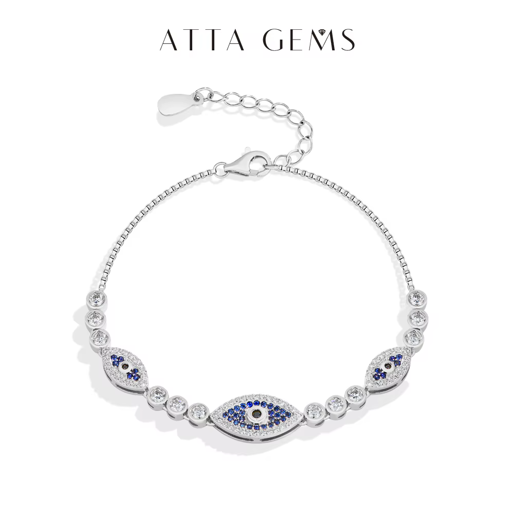 ATTAGEMS – Bracelet à breloques mauvais œil en argent Sterling s925, saphir de laboratoire, réglable