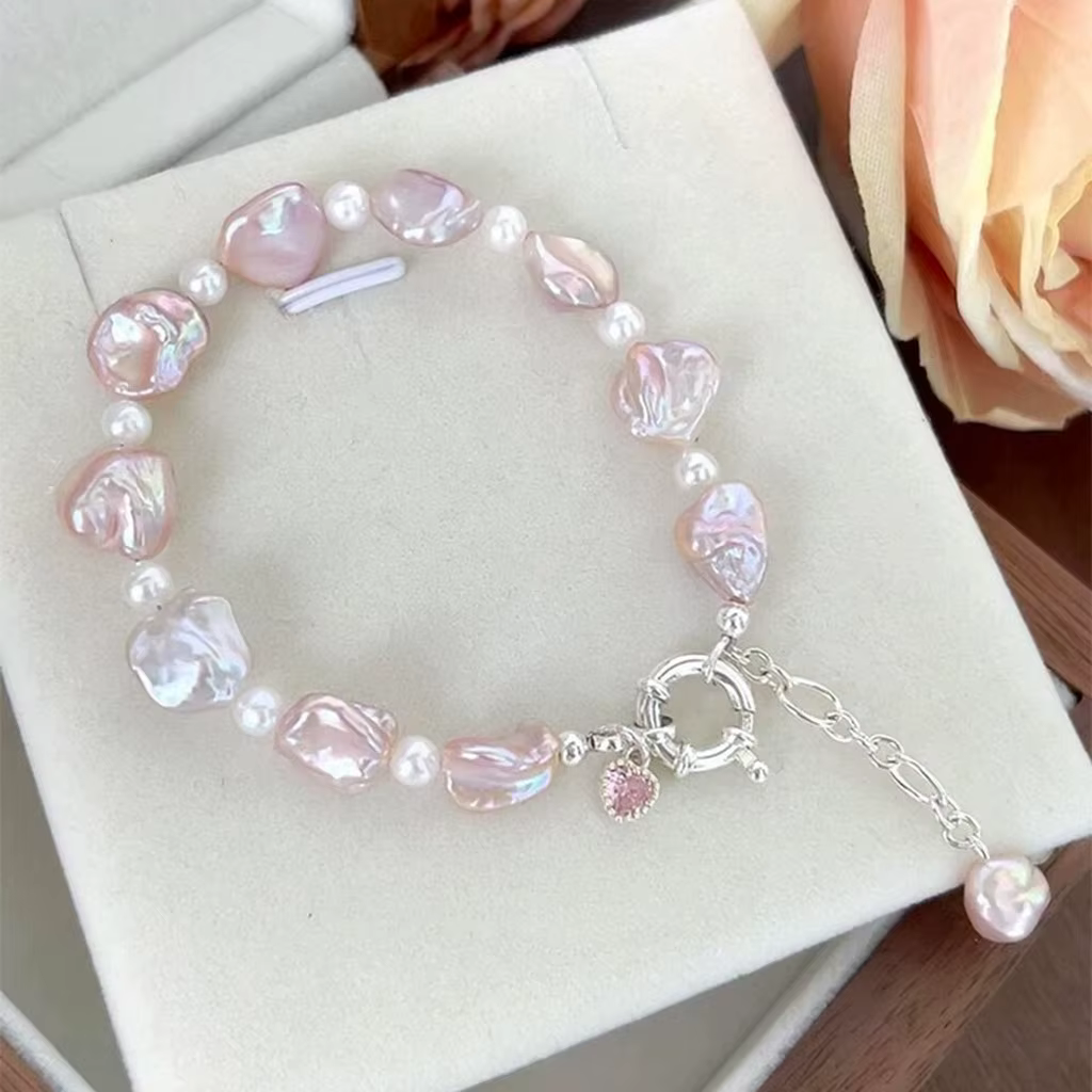 Bracelet en perles baroques roses pour femmes, bijoux élégants et doux avec perles irrégulières, cha