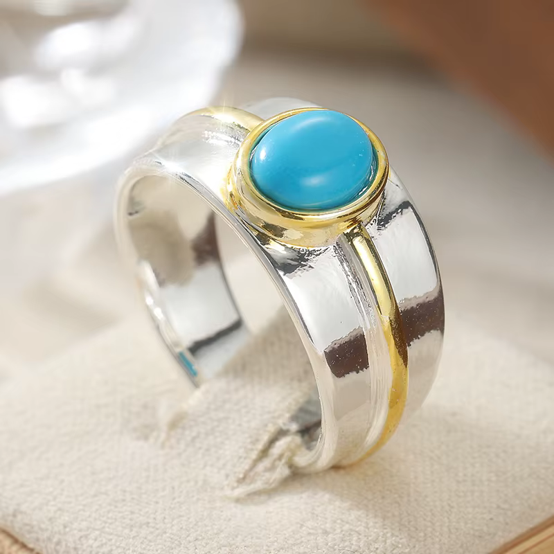 Bague ethnique pour femme en imitation turquoise incrustée, minimaliste, bicolore, géométrique, pour