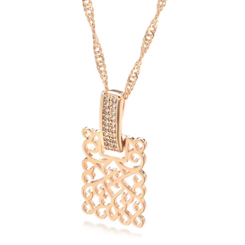 Kienl chaud 585 or Rose carré Long pendentif collier pour femmes Vintage naturel Zircon brillant mét
