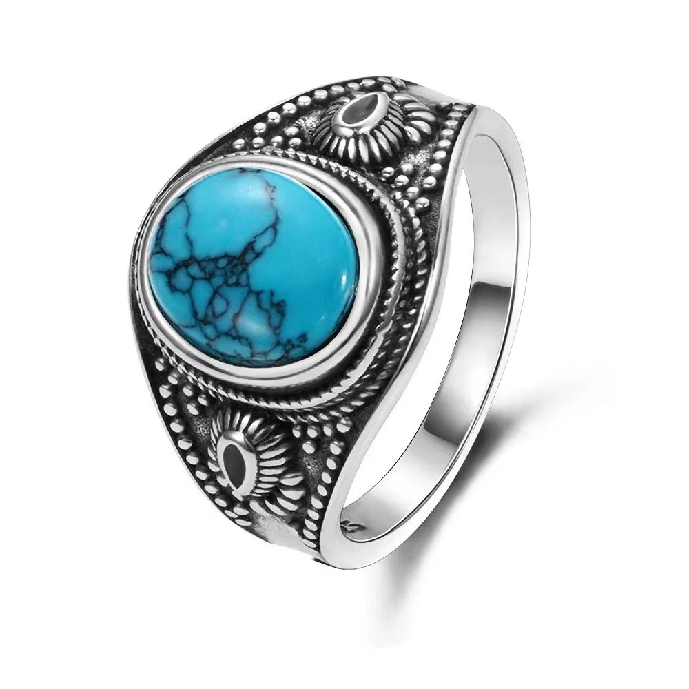 Bagues Vintage en argent Turquoise naturel, bague rétro ronde ovale en pierres précieuses, bijoux fi