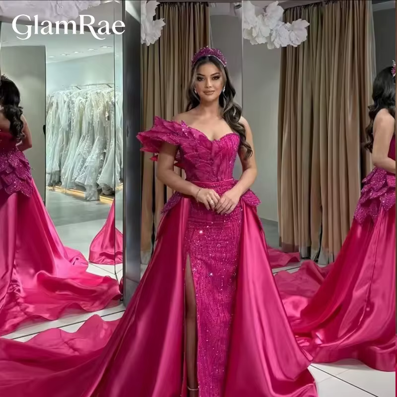 GlamRae robes de soirée à épaules dénudées pour mariage arabe dubaï cristaux longue traîne femmes ro