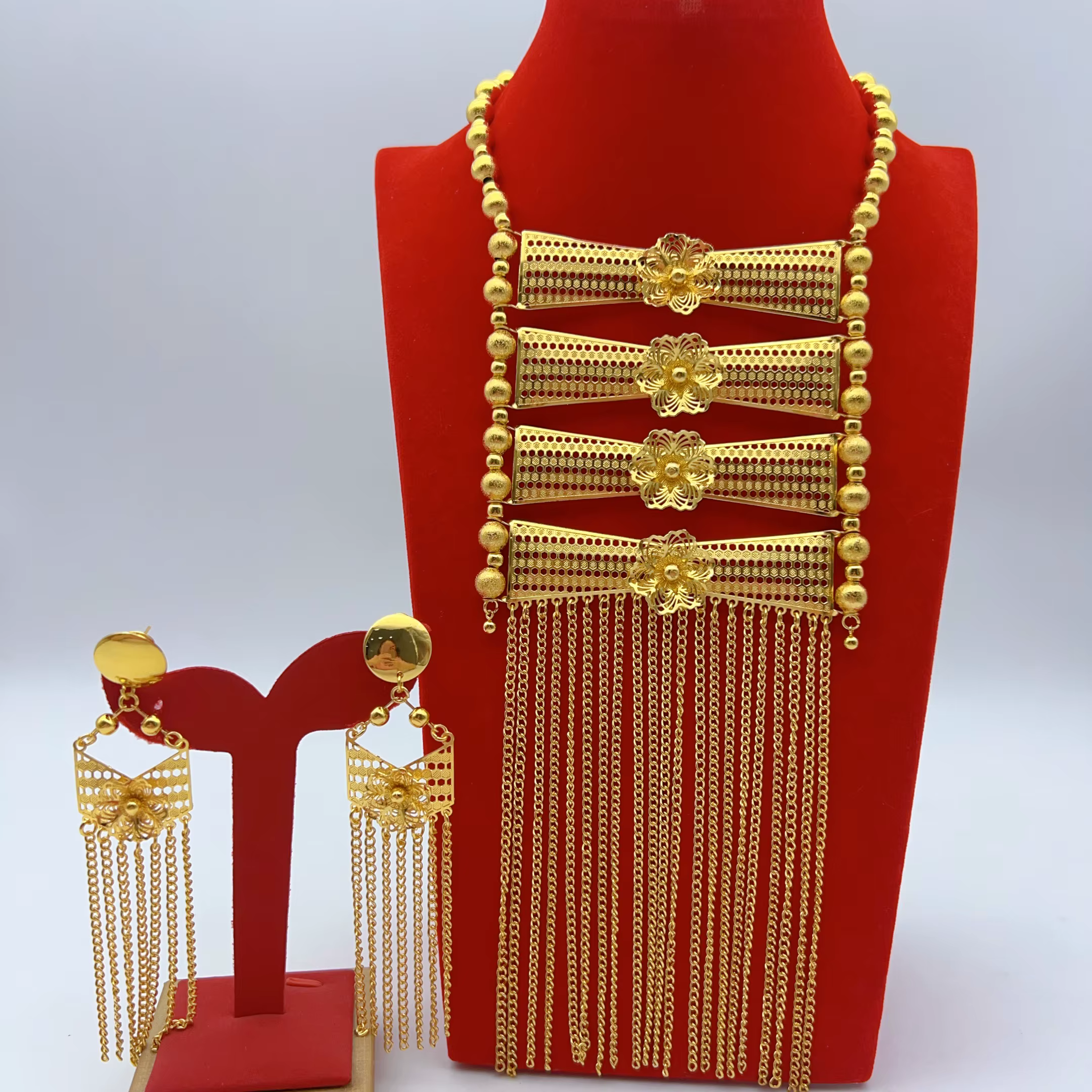 Ensemble de bijoux de mariée nigériens, grand collier et boucles d'oreilles pour femmes, plaqué or 2