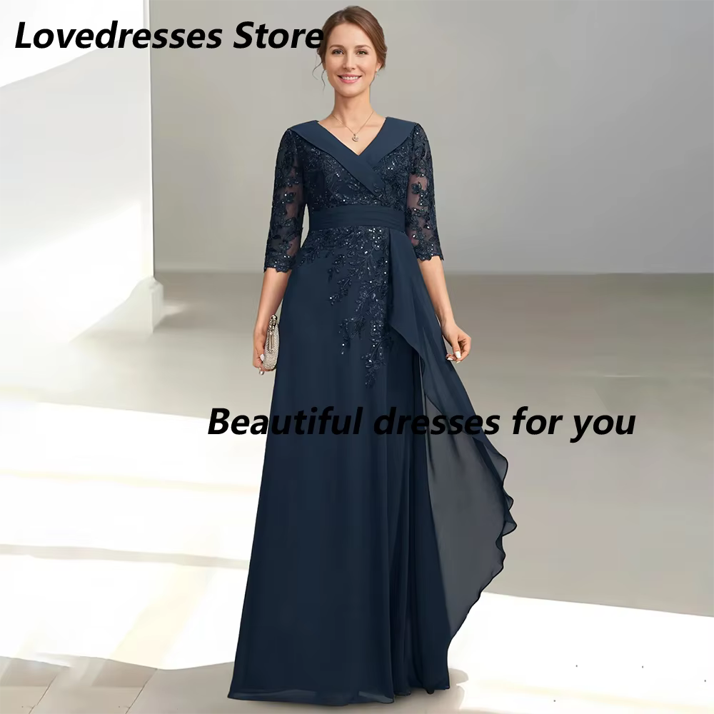 Robes de mère de la mariée bleu marine, col en V, demi-manches, en mousseline de soie, avec applique