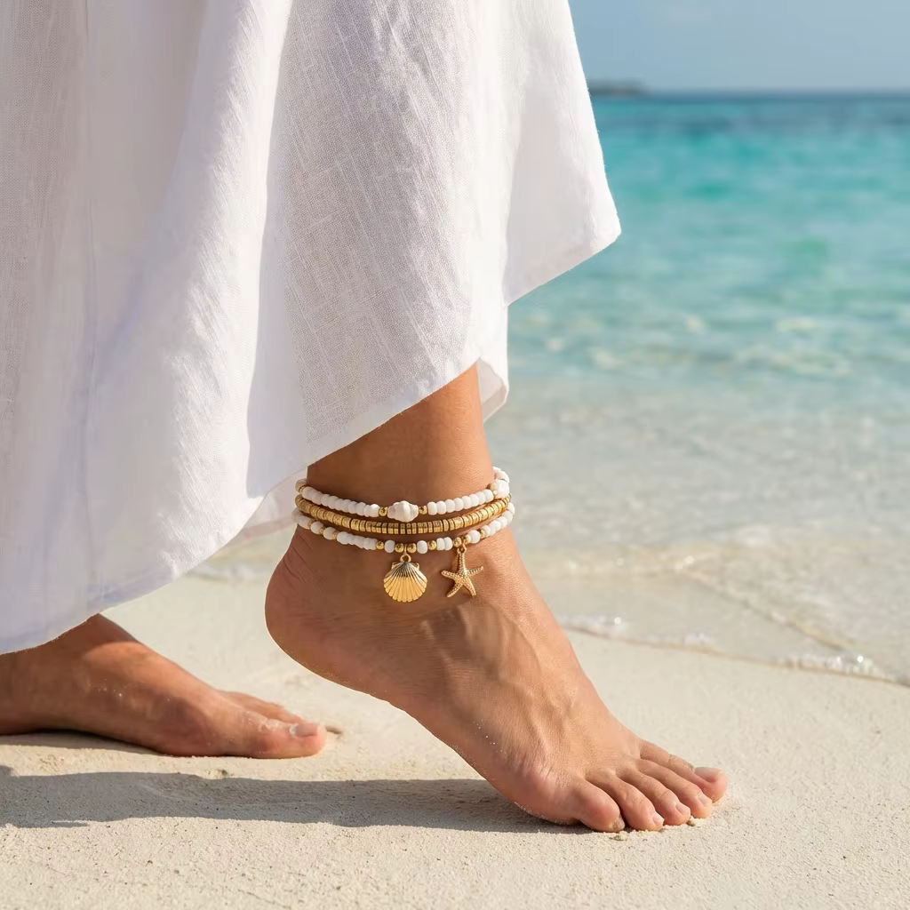 Bracelet de cheville bohème superposé pour femme, avec coquillages, perles blanches, étoiles de mer 