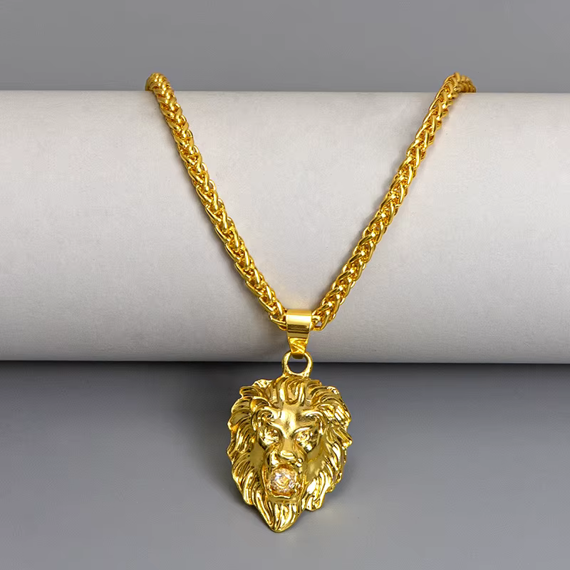 Hip Hop 3D plaqué or tête de Lion avec pendentif en perles de cristal collier pour hommes bijoux ani