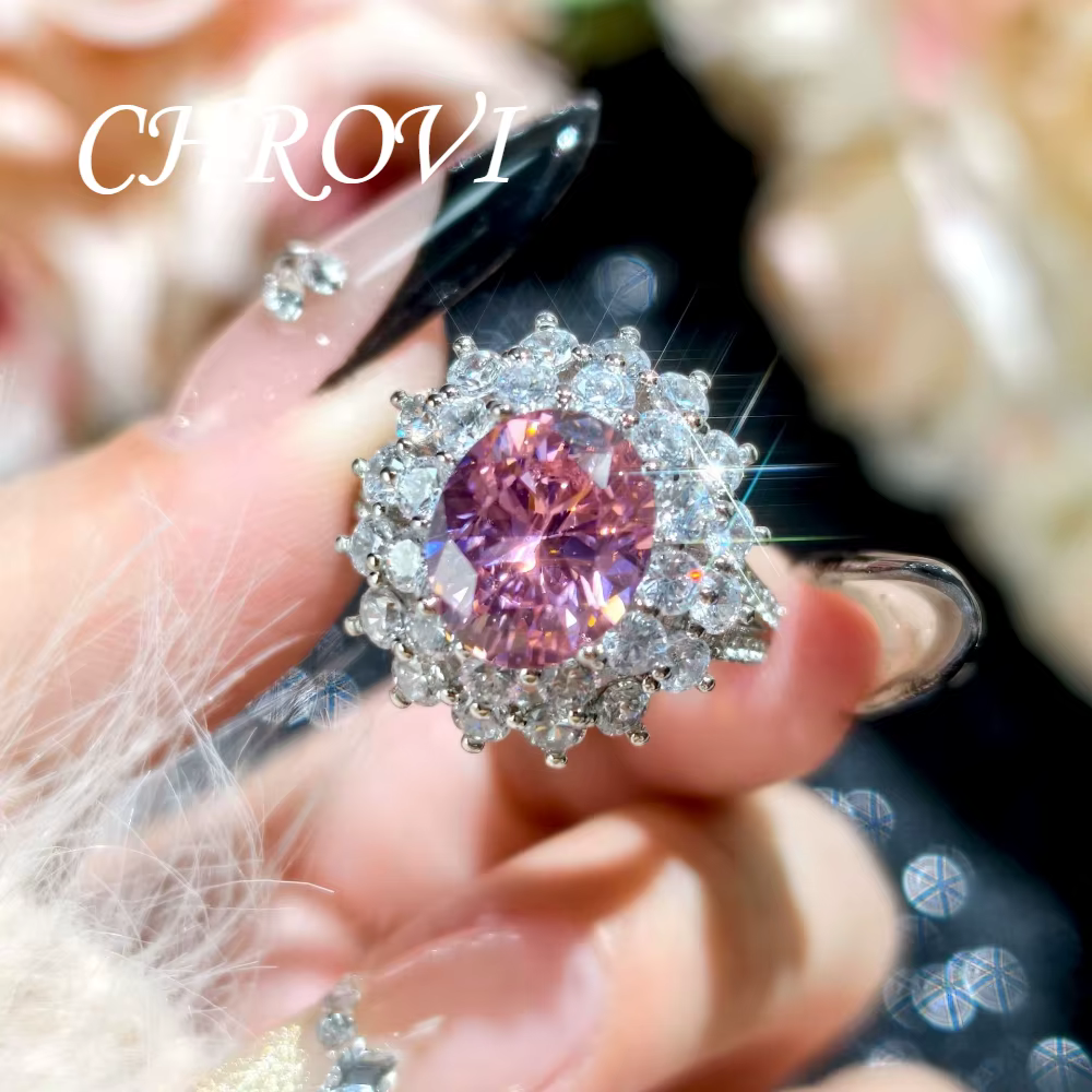 Bague ouverte de style luxueux en argent sterling 925, scintillante, rose princesse, pour femme - Ba