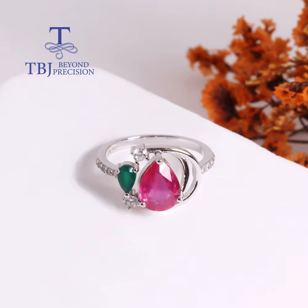 Rubis rempli naturel noble et élégant avec agate verte, bague en argent regardé pour femme, fiançail