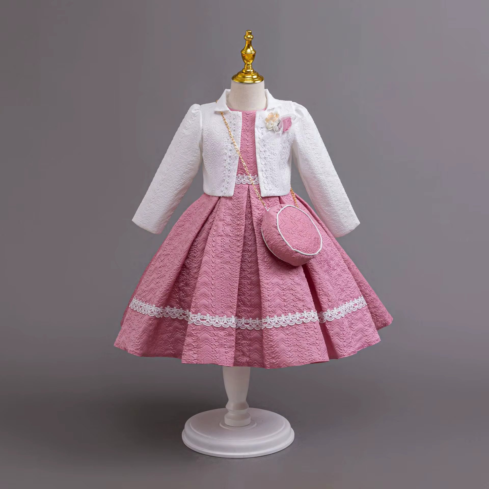 Printemps à manches longues fleur filles robe de soirée élégante dentelle robe formelle avec sac pou
