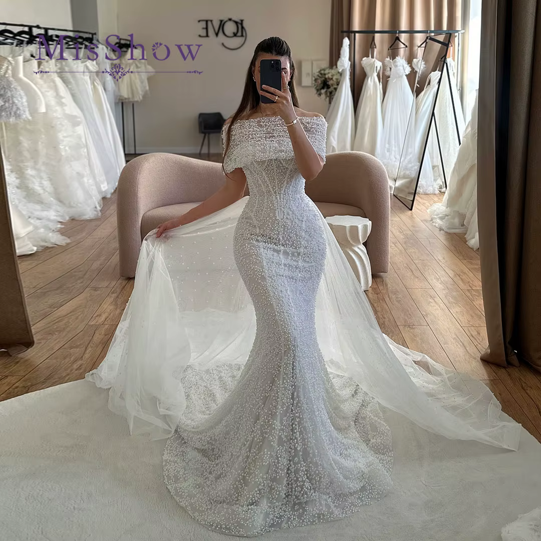 Robes de mariée sirène BM Bridal Fashion pour femme, épaules dénudées, en tulle, avec traîne détacha