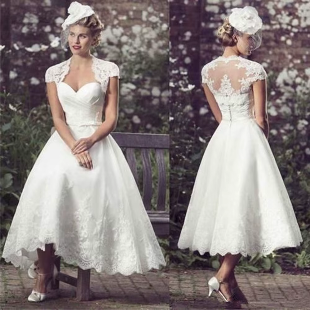 Robe De mariée courte De plage, longueur thé, manches cape, en dentelle, en cœur, personnalisée pour