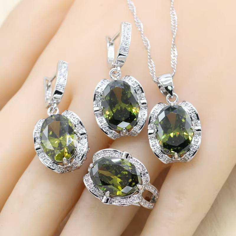Ensembles de bijoux en argent CZ vert olive pour femmes, boucles d'oreilles de mariage, bracelet, ma