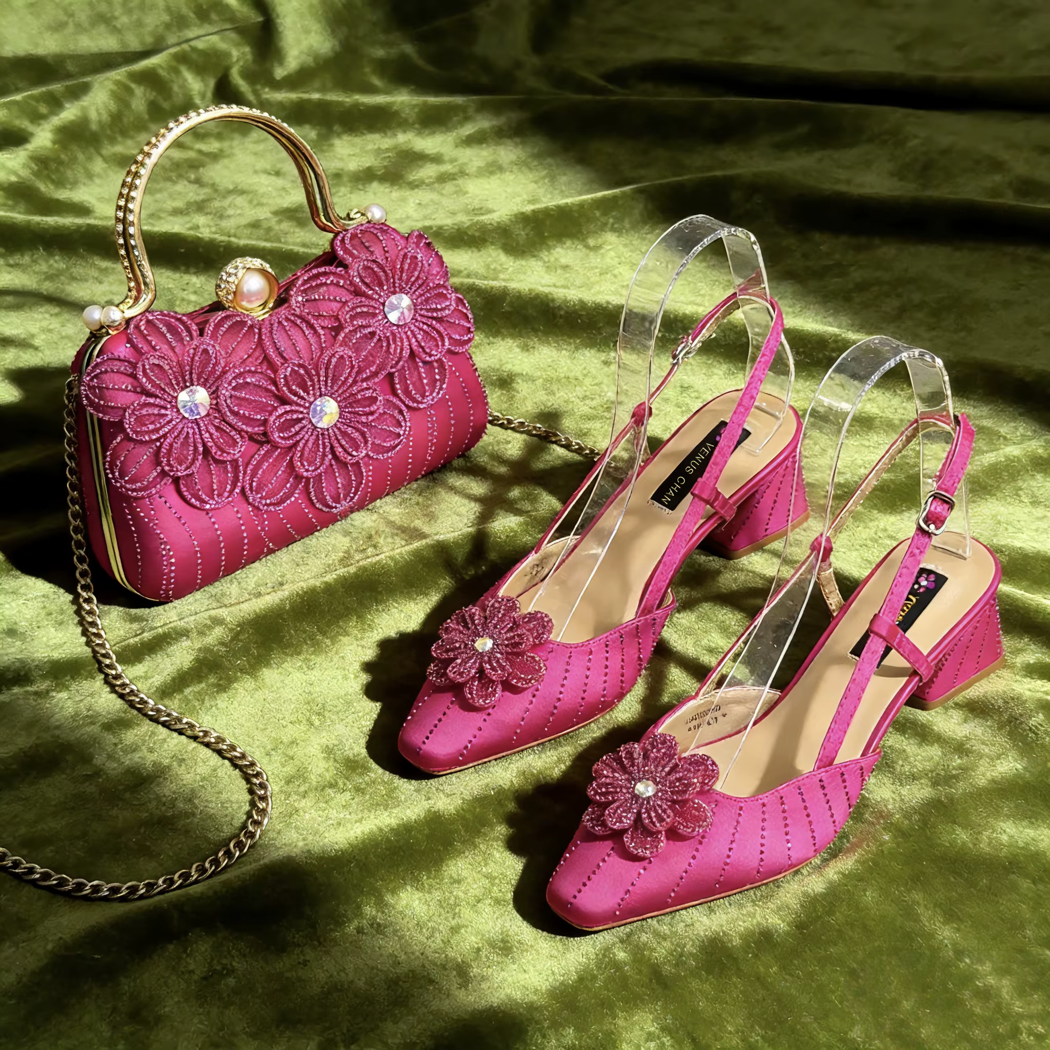 Chaussures et sac de soirée pour femme, avec décoration de talon, motif floral élégant, chaussures e