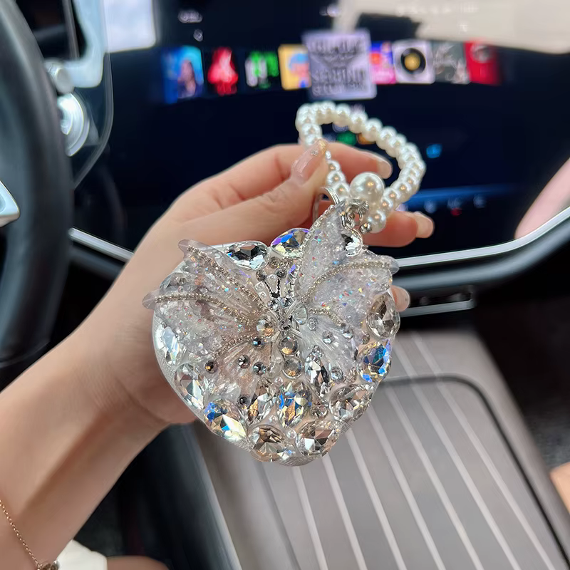 Miroir de luxe à deux côtés en strass, porte-clés, chaîne de perles, miroir de maquillage, Portable,