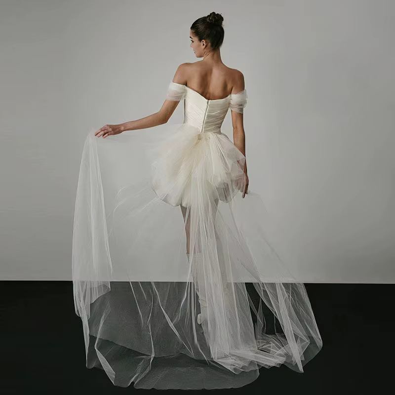 Robe de mariée légère en Satin français, épaules dénudées, Niche blanche, courte, robe de fiançaille
