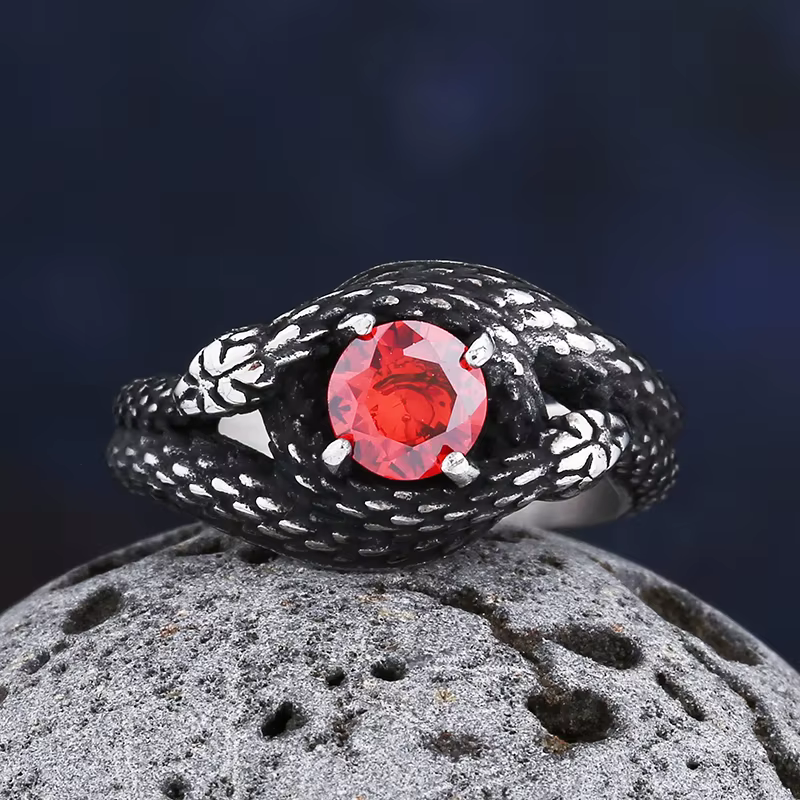 Bague serpent 3D Vintage en acier inoxydable 316L, avec pierre rouge et verte, bijoux à la mode pour