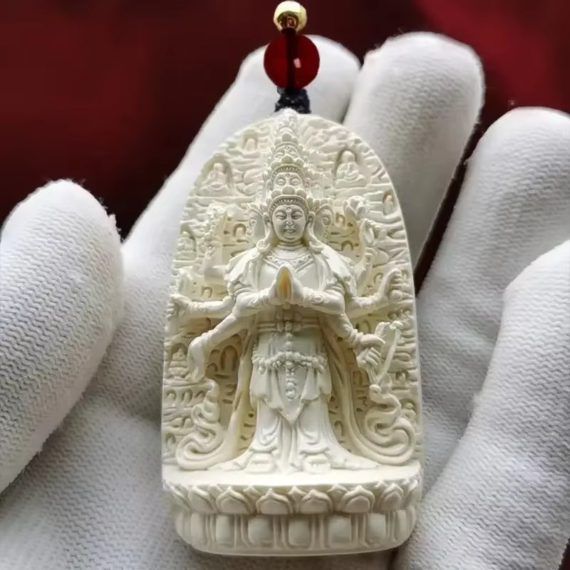 Noix de Tagua naturelle sculptée à la main, collier pendentif Avalokiteshine aux mille mains, collec