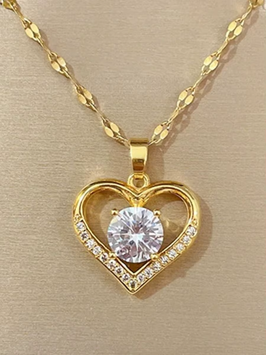 Collier avec pendentif en forme de cœur pour femmes, pierres précieuses artificielles, en acier inox