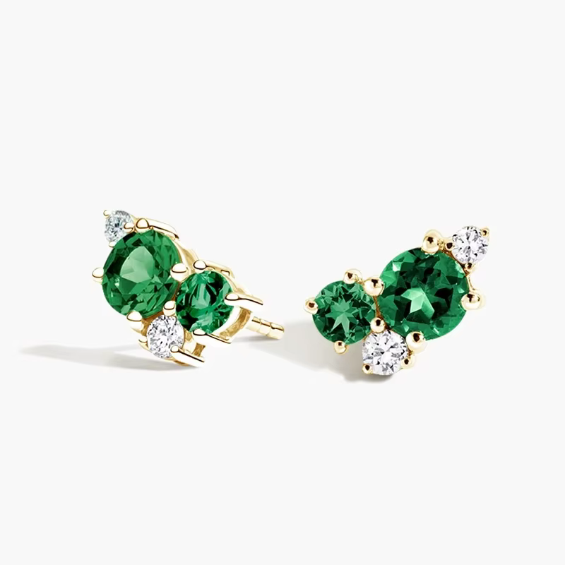 Boucles d'oreilles rondes en émeraude et diamant cultivés en laboratoire, or jaune véritable 9K/14K/