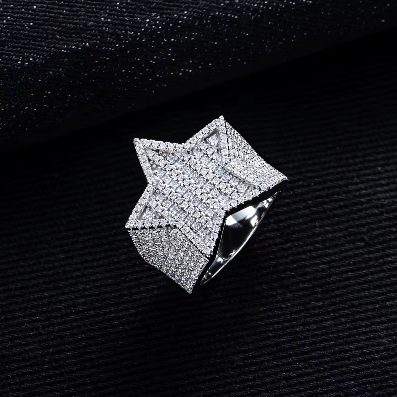 MossanRappr 1.54cttw nouvelle bague pentagramme glacé Moissanite plaqué or 14K bague Hip Hop métal l