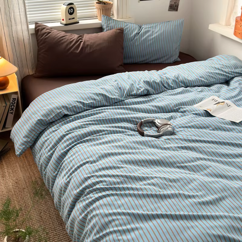 Parure de lit en coton lavé doux, rayures bleues et marron, avec 2 taies d'oreiller, pour la décorat