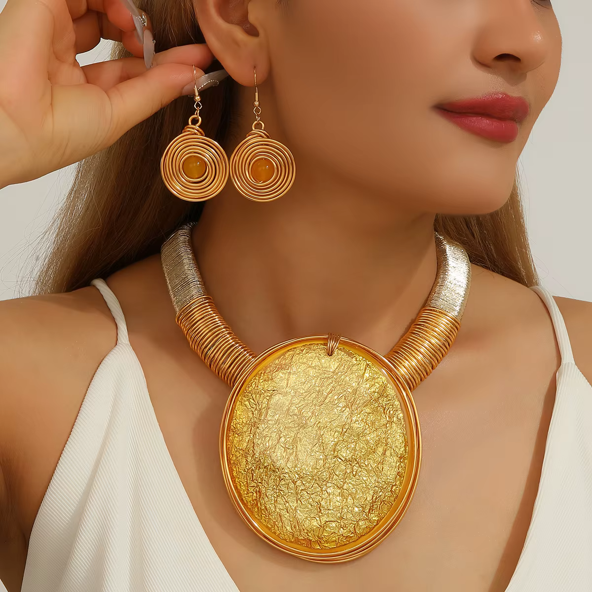 Ensemble de bijoux de déclaration en résine ronde géométrique, grandes pierres précieuses, fil d'alu