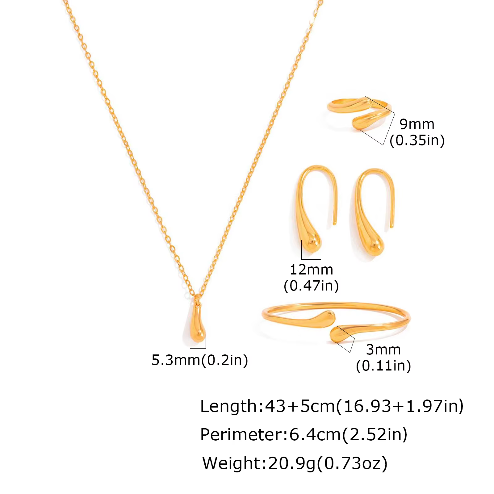 Ensemble de bijoux Waterdrop, 4 pièces, collier, boucles d'oreilles, bracelet, bague pour femmes, ca