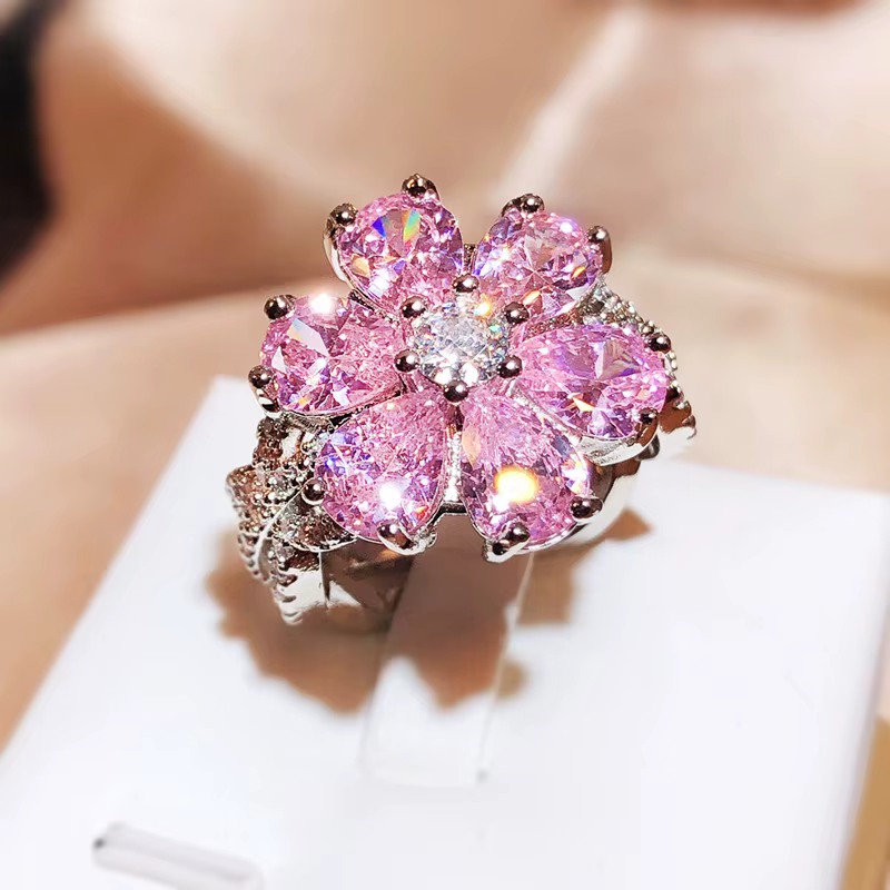 Bague en argent Sterling 925 pour femmes, exquise, fleur de Zircon rose, bague de fiançailles, bijou