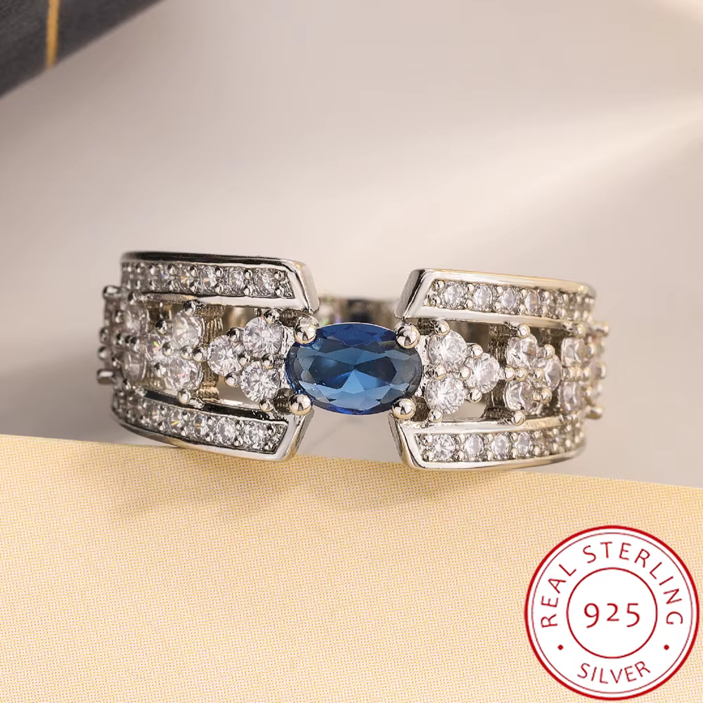 Bague en argent S925 de haute qualité pour femmes, grande pierre bleue, diamant, pierres précieuses,