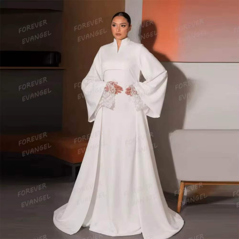 Robes de mariée arabes simples et formelles, coupe trapèze, en dentelle, à manches longues, pour fem