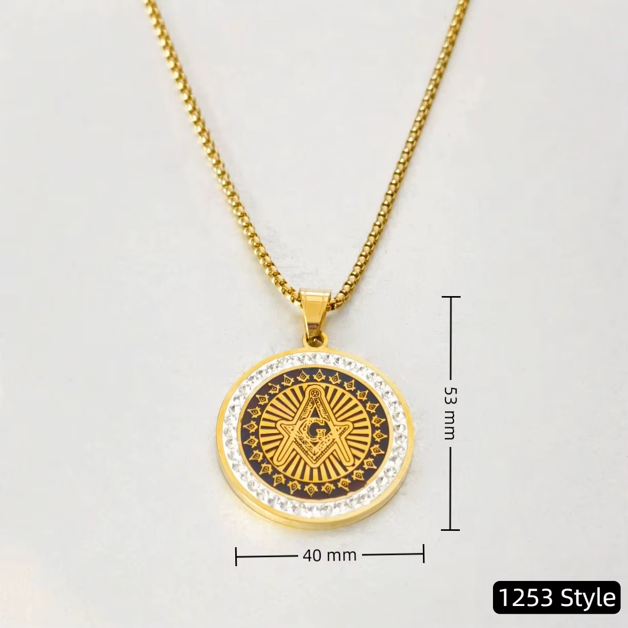 Punk mode symbole maçonnique pendentif couleur or acier inoxydable CZ Mason collier rond pour hommes