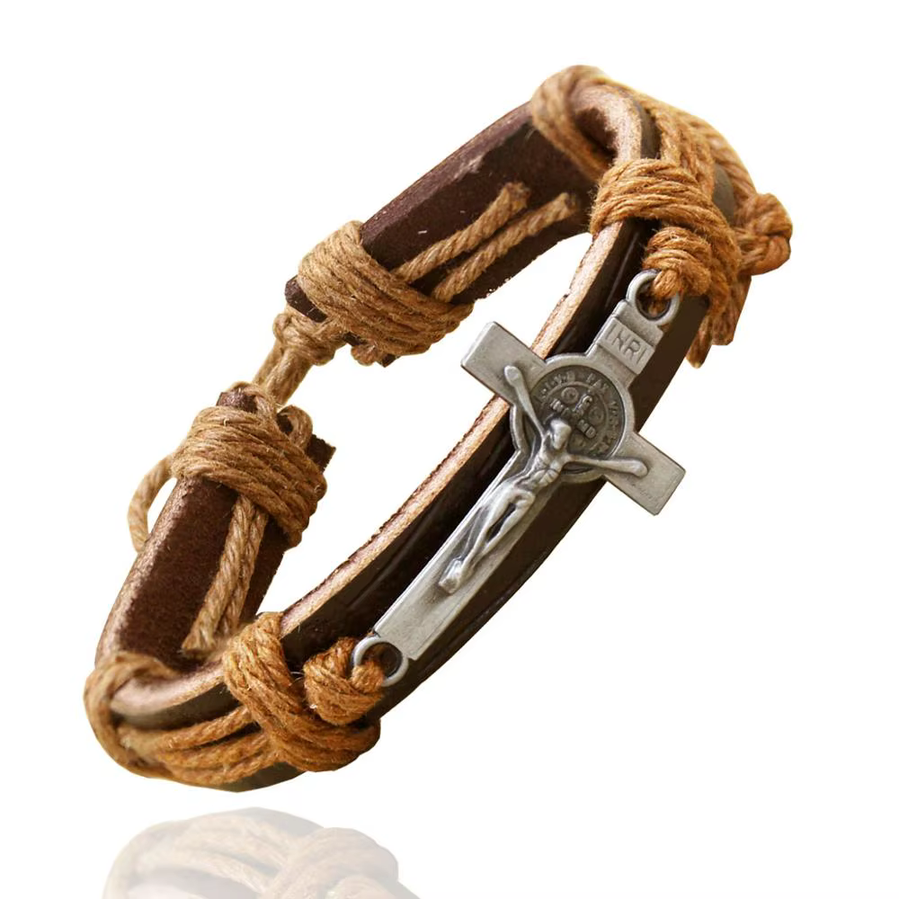 Bracelet en cuir ajustable avec croix religieuse catholique, crucifix, médaille biblique, charme Jés