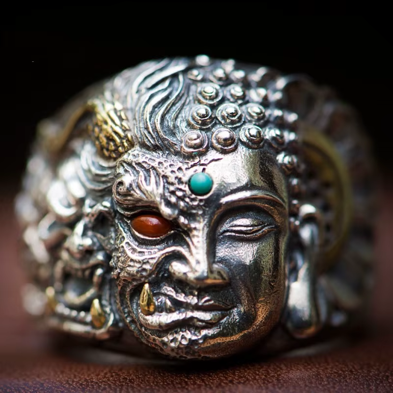 Bague démon bouddha double face dominatrice personnalisée pour hommes, bague en agate vintage, bijou