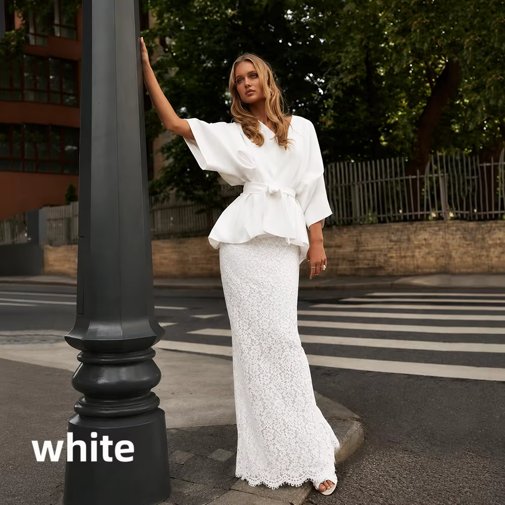 Ensemble deux pièces féminin élégant blanc blouse manches chauve-souris peplum jupe dentelle fente a